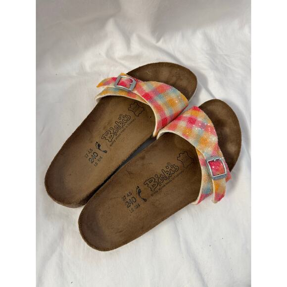 Birkenstock Birkis Menorca Plaid Pink Orange Slip On Sandals Sz 37/6 GS - Picture 2 of 5